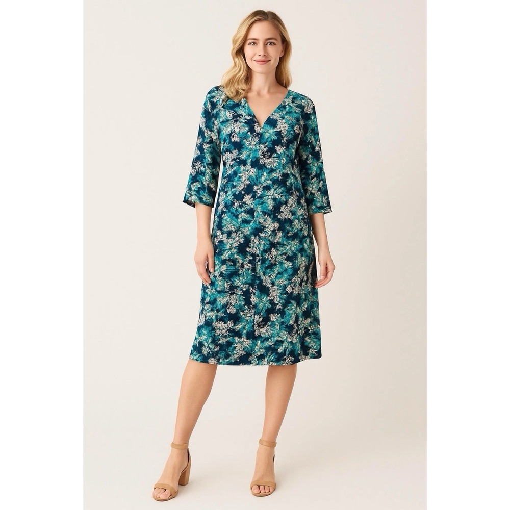 J. Jill Exotic Blooms Garden Shift Dress Small Navy Blue Green Floral Tropical‎